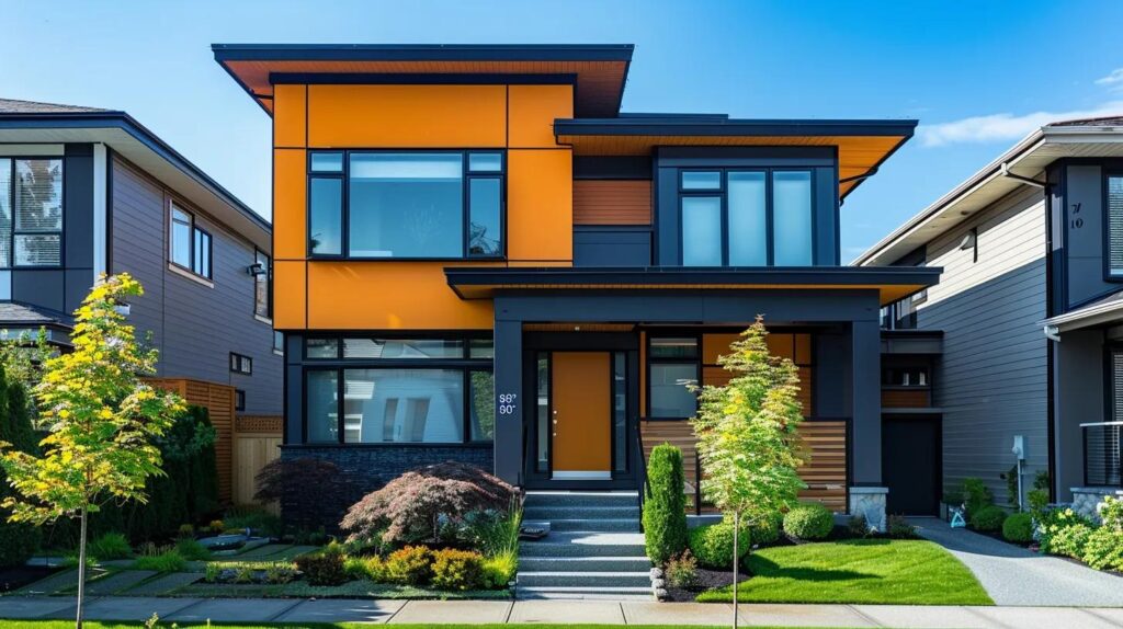a modern house facade painted in a warm, inviting color scheme stands prominently against an urban backdrop, showcasing the harmonious blend of hues designed to enhance curb appeal and evoke strong emotional connections with onlookers.