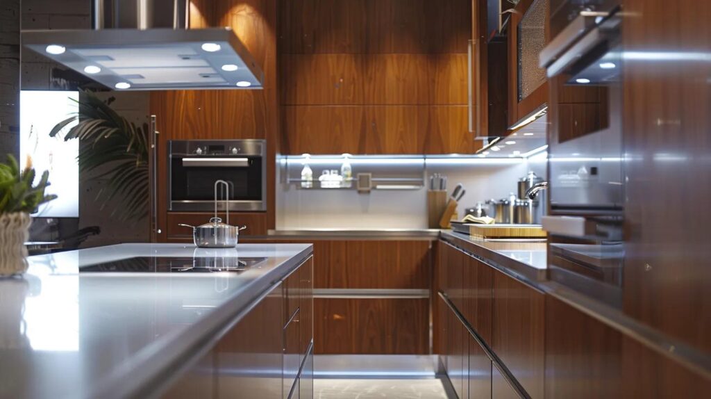 a modern kitchen display features a striking contrast of rich wood cabinets alongside sleek stainless steel and glossy laminate finishes, showcasing the diverse materials in a stylish, meticulously organized space designed for functionality and aesthetics.