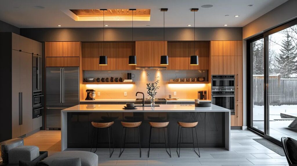 a modern kitchen featuring a striking, open-concept design with sleek cabinetry and innovative layout solutions, illuminated by dynamic pendant lighting, showcasing a seamless blend of functionality and contemporary style.