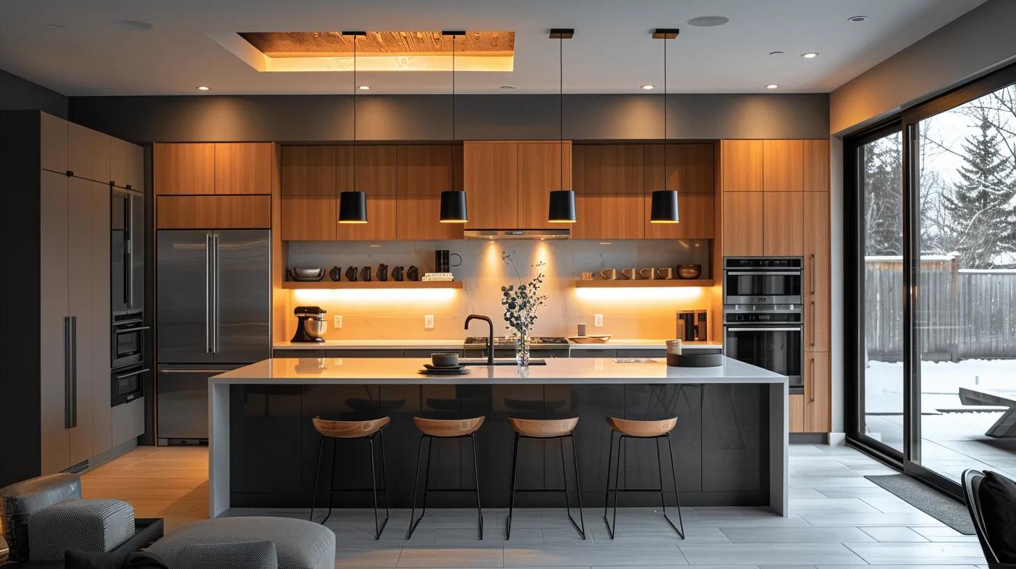 A1 Constuction and Remodeling Las Vegas | Unique Creative Kitchen Layout Design Ideas to Maximize Space a modern kitchen featuring a striking, open-concept design with sleek cabinetry and innovative layout solutions, illuminated by dynamic pendant lighting, showcasing a seamless blend of functionality and contemporary style.