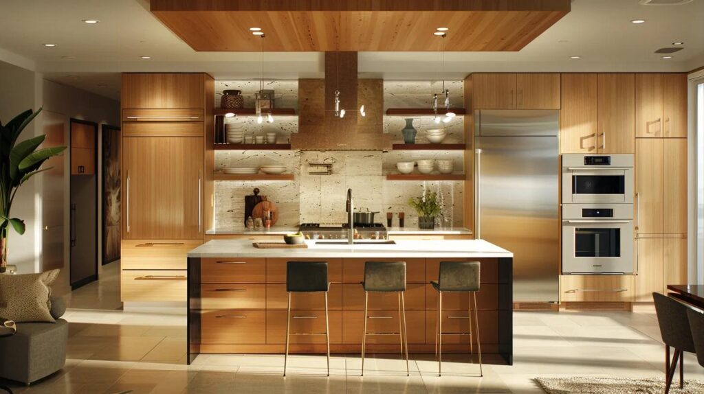 a modern kitchen showcases elegant oak cabinets with a pronounced grain alongside sleek maple cabinetry, highlighting the contrasting textures and finishes in a well-lit, contemporary setting.