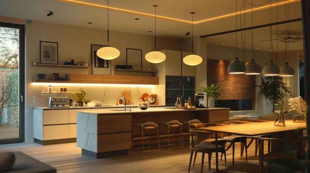 a modern kitchen with a sleek, ergonomic layout featuring smart appliances and organized storage solutions, illuminated by warm pendant lighting, illustrates the balance of functionality and aesthetic appeal essential for effective renovation planning.