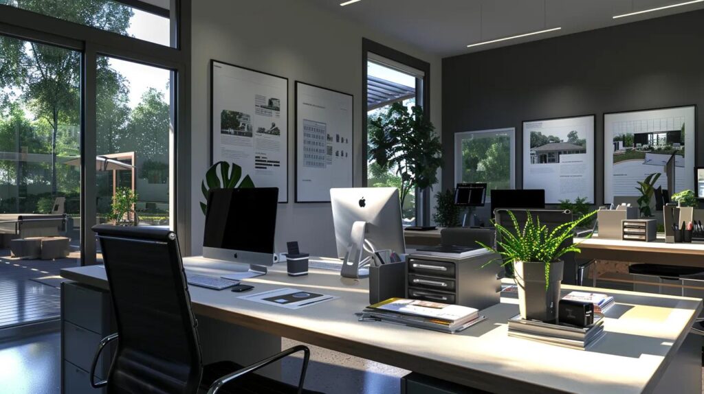 A1 Constuction and Remodeling Las Vegas | Practical Home Addition Design Tips to Maximize Space a modern office space showcases detailed architectural models and vibrant 3d renderings of successful home addition designs on sleek displays, surrounded by framed testimonials and captivating case study photographs that illustrate quality and performance.