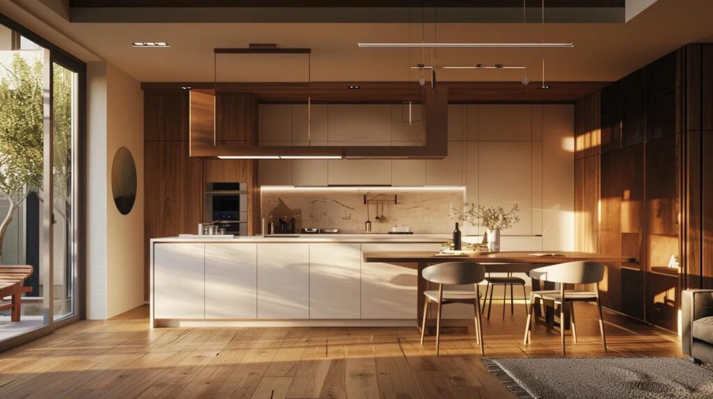 a modern open-concept kitchen bathed in warm, ambient light, seamlessly blending cooking, dining, and living spaces with sleek, minimalist design elements and stylish furnishings that encourage social interaction.