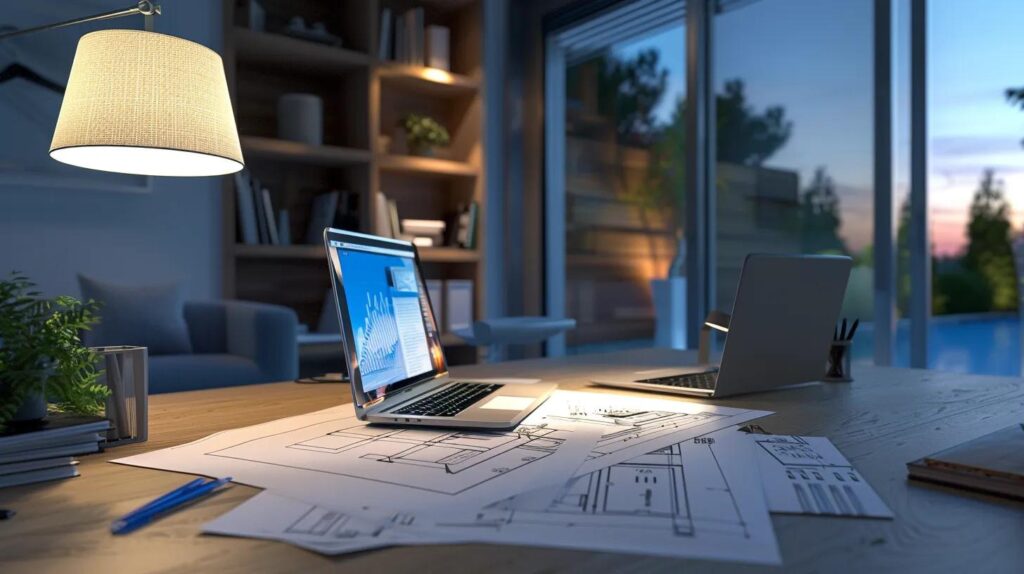 a modern, sleek home office with a large, architect's desk showcasing blueprints, budgeting documents, and a laptop, all illuminated by warm, focused lighting to emphasize the meticulous planning involved in managing costs for home additions.