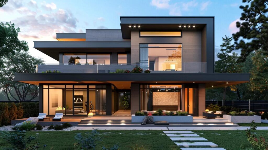 a modern, stylish home exterior showcases bold and transformative paint colors, highlighted by clean lines and contemporary architectural features against a vibrant urban backdrop.