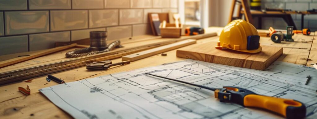 a sleek, modern bathroom in the midst of a remodeling process, featuring construction tools, design blueprints, and a contractor discussing plans with a client, all set against a backdrop of pristine tiles and elegant fixtures.