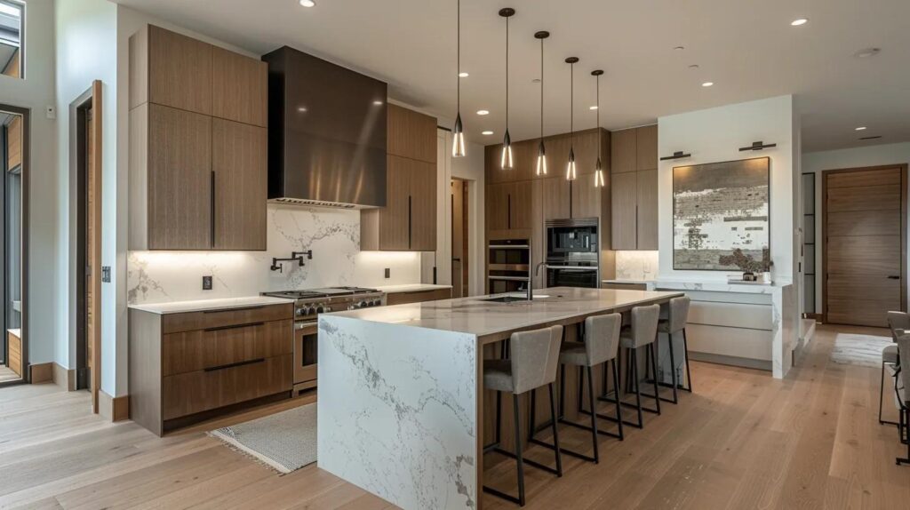 a sleek, modern kitchen showcases an array of stylish cabinet materials, emphasizing the diverse textures and finishes under bright, focused lighting to highlight their quality and craftsmanship.