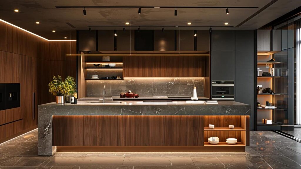 a sleek, modern kitchen showcases an array of kitchen cabinet materials, featuring rich solid wood, textured engineered wood, and contemporary finishes like stainless steel and laminate, all elegantly lit in a stylish urban setting.