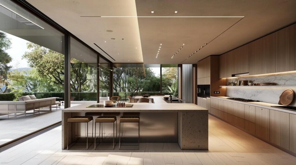 a sleek, modern kitchen showcases an elegant island with integrated seating, complemented by a striking panoramic window that floods the space with light, inviting a sense of creativity and social interaction.