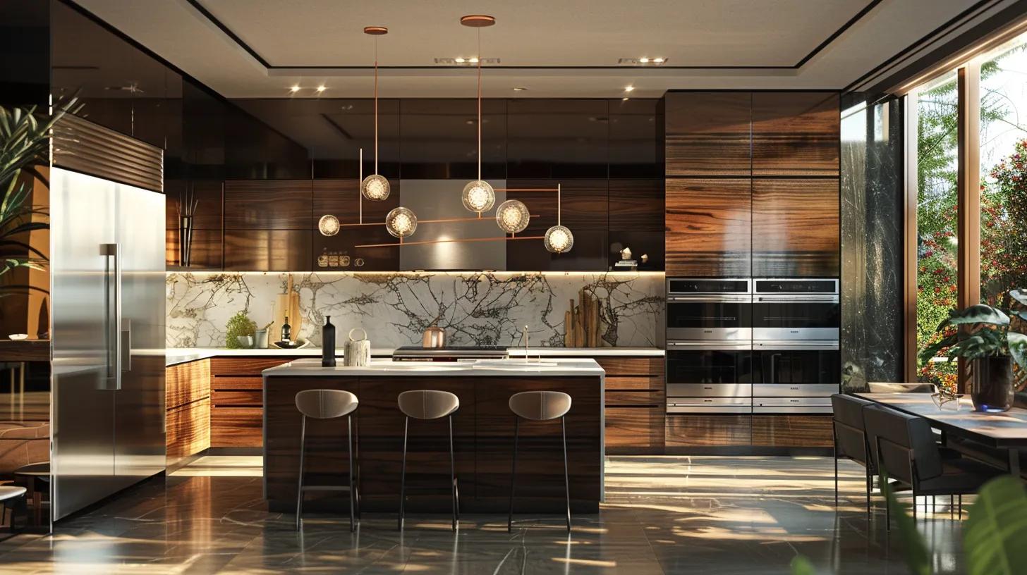 A1 Constuction and Remodeling Las Vegas | Top Choices in Kitchen Cabinet Materials for Your Home a sleek, modern kitchen showcasing an array of luxurious cabinet materials, featuring glossy finishes and textured wood, illuminated by ambient overhead lighting that highlights their elegance and durability.
