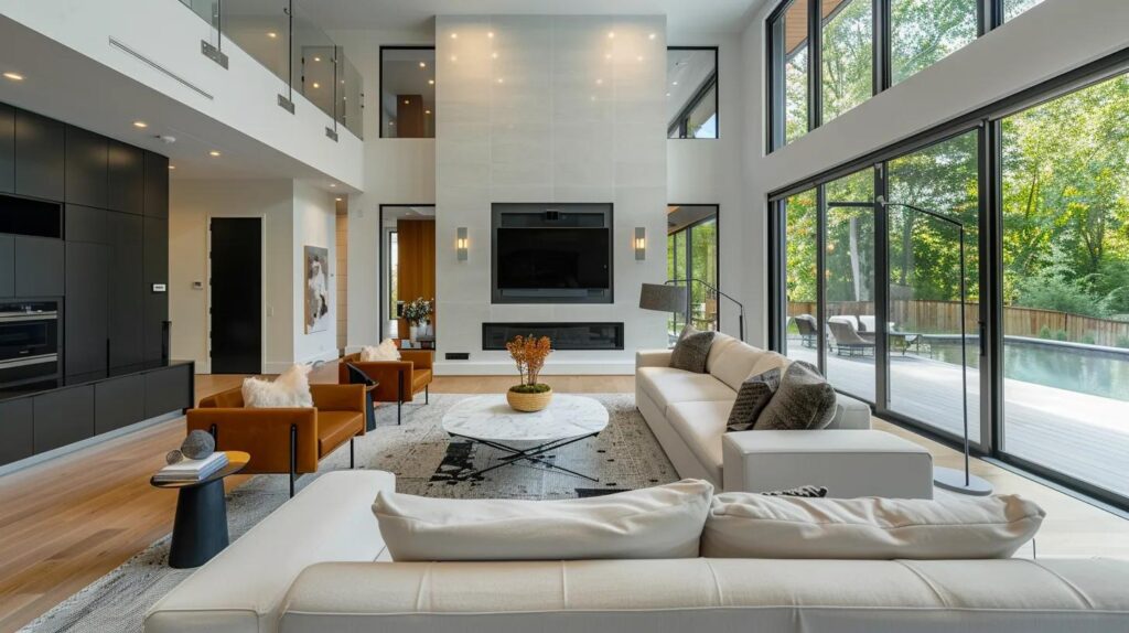 a sleek, modern living room showcases a stylish home addition with open, multifunctional spaces and elegant design elements, emphasizing the enhanced functionality and curb appeal that appeal to today’s discerning buyers.