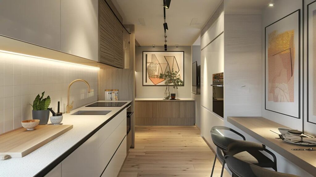 a sleek, modern small kitchen showcases a galley layout with efficient built-in cabinetry, multipurpose furniture, and minimalist decor, emphasizing functionality and space maximization in an urban setting.