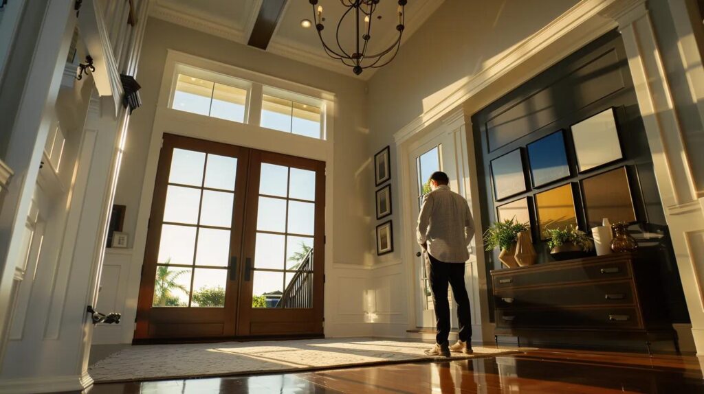 a sophisticated interior setting showcases a color consultant analyzing a home's exterior paint samples against a backdrop of beautifully designed home facades, emphasizing expert guidance and tailored design solutions for enhanced curb appeal.