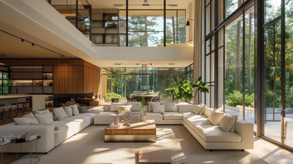 a stunning modern home interior showcases a stylish living area seamlessly integrated with a spacious sunroom addition, featuring large glass windows that invite abundant light and a harmonious blend of contemporary furniture and inviting decor.