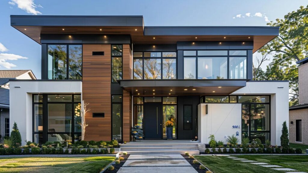 a stylish modern home facade showcases a rich taupe exterior complemented by a bold navy front door, set against a sleek urban backdrop that highlights contemporary architectural lines.