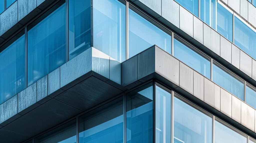 A1 Constuction and Remodeling Las Vegas | Transform Your Outdoor Facade With These Popular Materials a sleek, modern building featuring a shimmering metal facade stands prominently in an urban setting, with sunlight reflecting off its angular surfaces, emphasizing its contemporary architectural design.