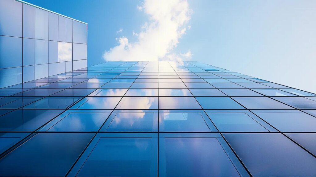 A1 Constuction and Remodeling Las Vegas | Transform Your Outdoor Facade With These Popular Materials a sleek modern building facade showcases a striking combination of glass, metal, and stone materials, reflecting innovative architectural design and urban sophistication against a vibrant city skyline.