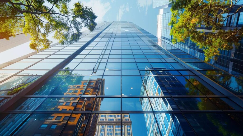 A1 Constuction and Remodeling Las Vegas | Transform Your Outdoor Facade With These Popular Materials a striking modern building features a sleek stone and glass facade, reflecting architectural innovation and timeless elegance against a vibrant urban skyline.