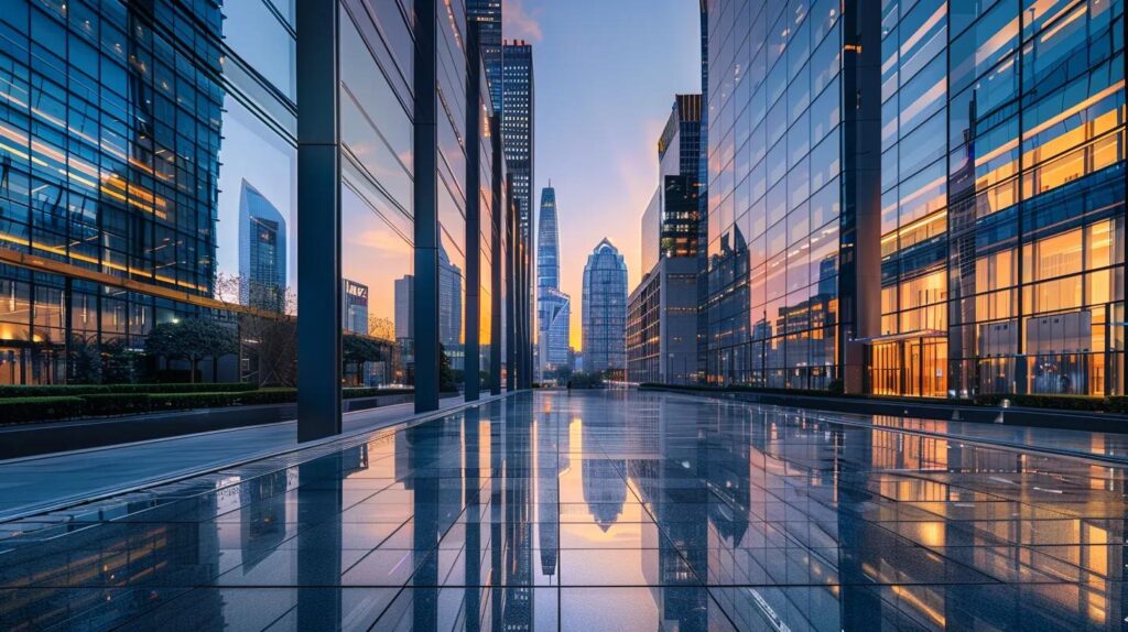 a modern urban landscape showcases striking buildings with innovative facades made of glass, metal, and composite materials, reflecting the dynamic interplay of light and architecture against a sleek city skyline.