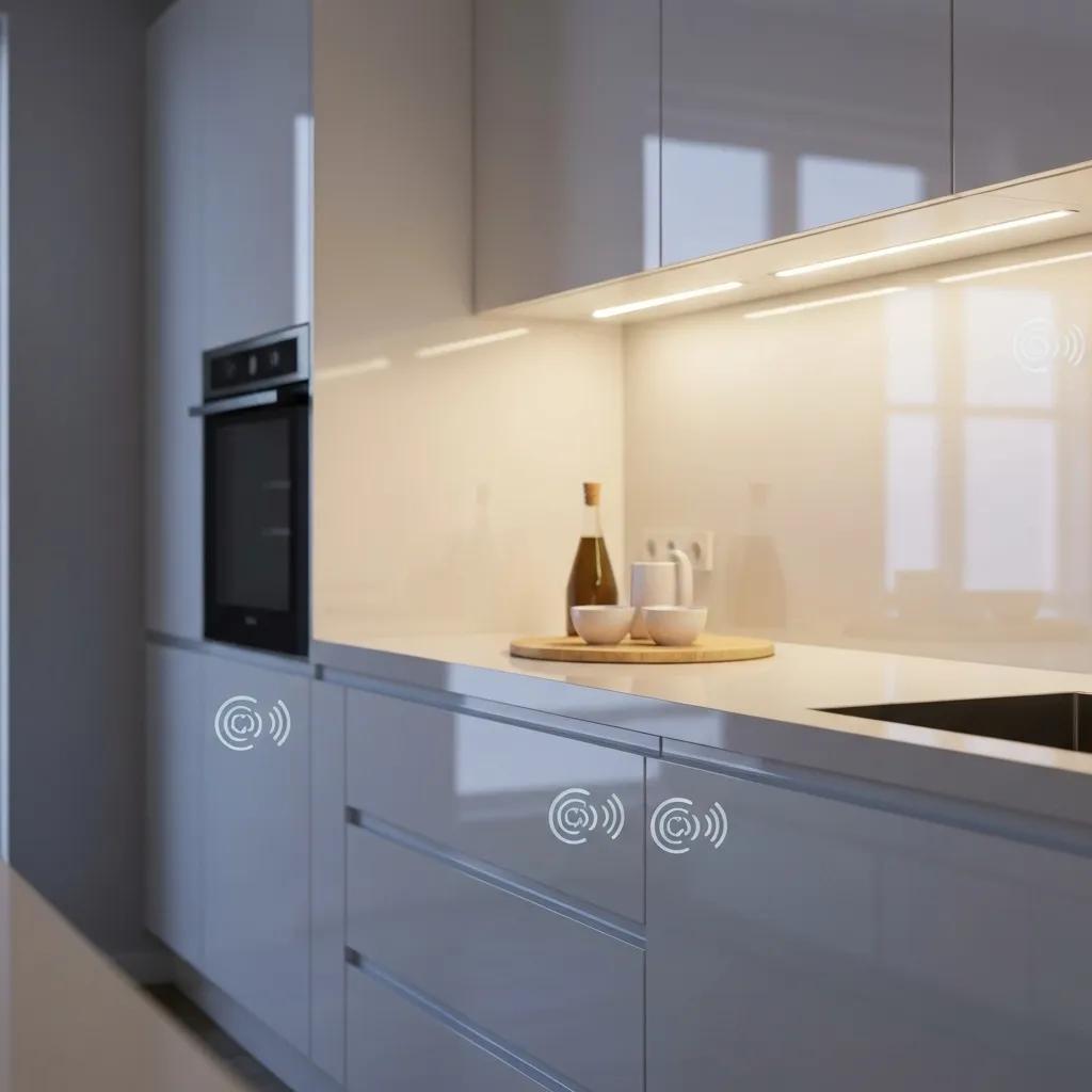 A1 Constuction and Remodeling Las Vegas | Cabinet Design Trends Transforming Modern Kitchen Remodels Modern kitchen showcasing smart cabinet features like touchless operation and integrated LED lighting
