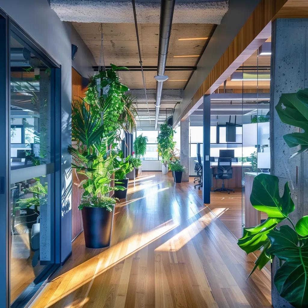 A1 Constuction and Remodeling Las Vegas | Sustainable Materials for Local Office Renovation Success Modern office space featuring sustainable materials like bamboo flooring and recycled glass countertops