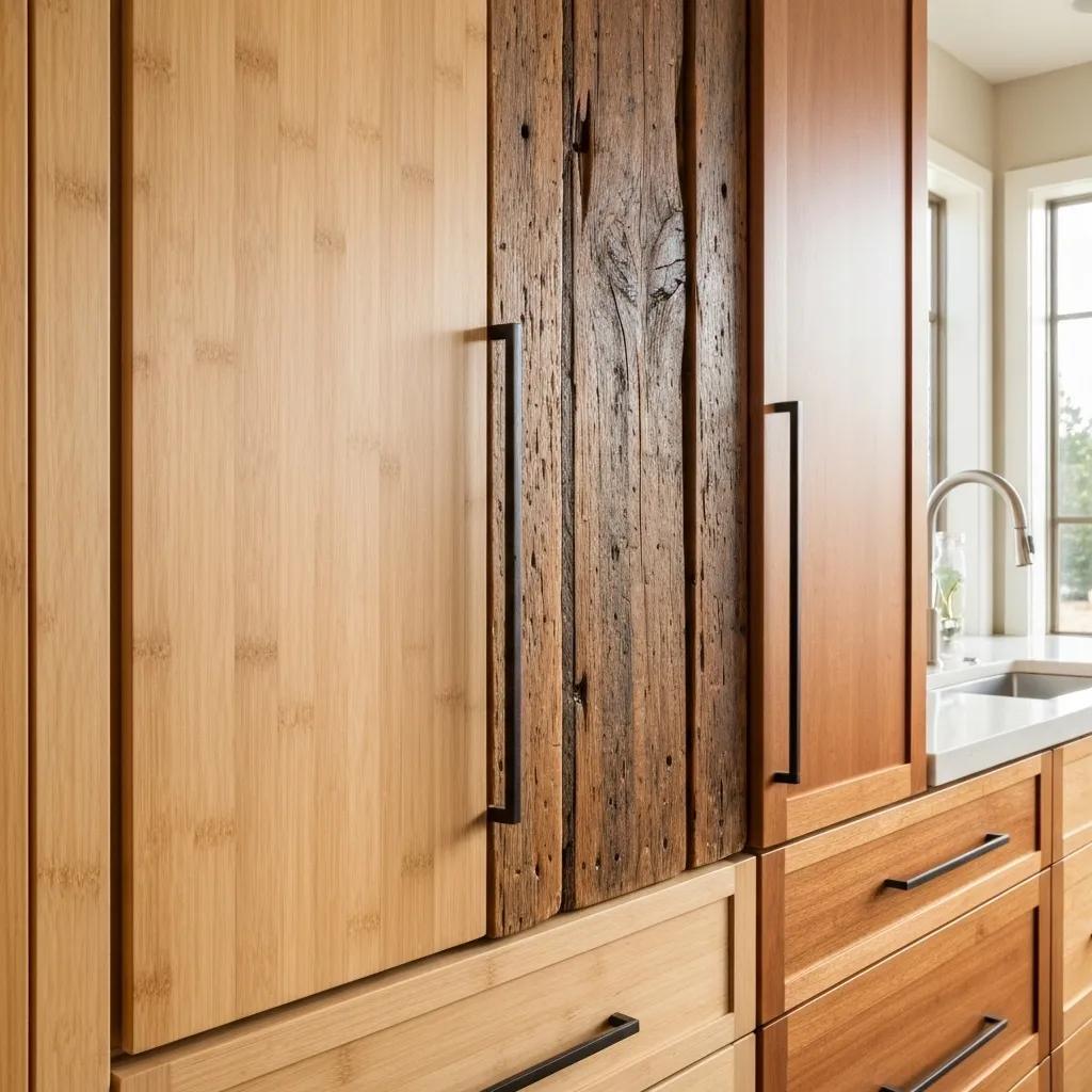 A1 Constuction and Remodeling Las Vegas | Cabinet Design Trends Transforming Modern Kitchen Remodels Close-up of eco-friendly kitchen cabinet materials like bamboo and reclaimed wood, showcasing their textures