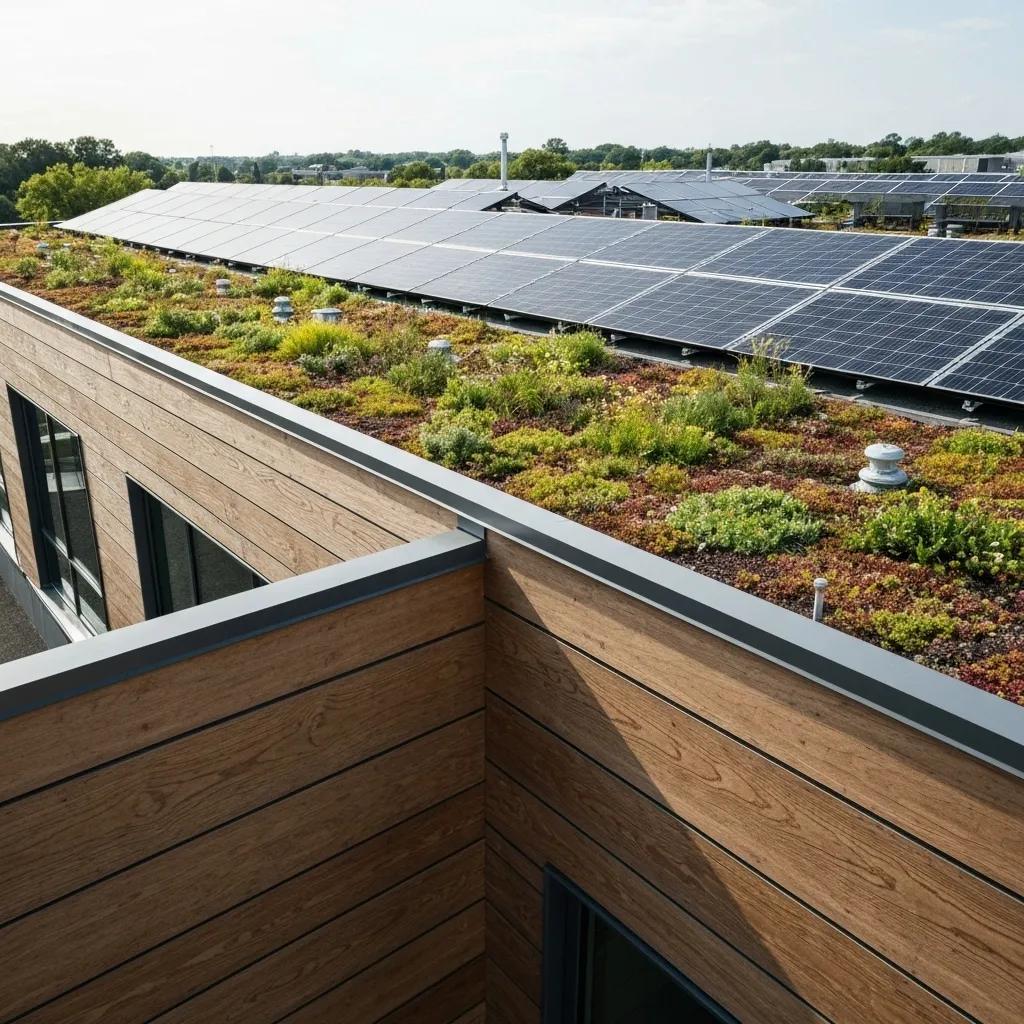 Sustainable commercial exterior upgrades featuring green roofing and solar panels