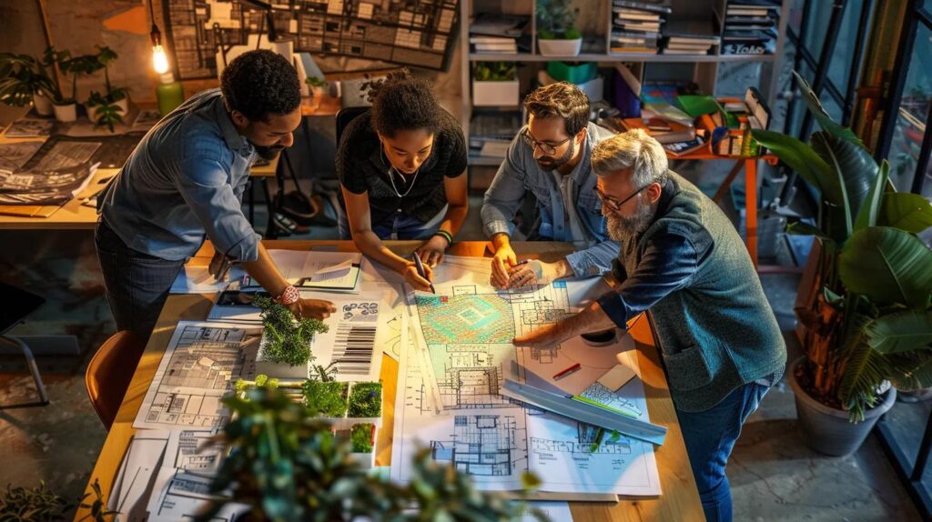 a dynamic office meeting scene captures a diverse group of professionals engaged in a brainstorming session, surrounded by eco-friendly renovation blueprints and sustainable material samples, illuminated by modern lighting that emphasizes their focused expressions and determination to tackle challenges.