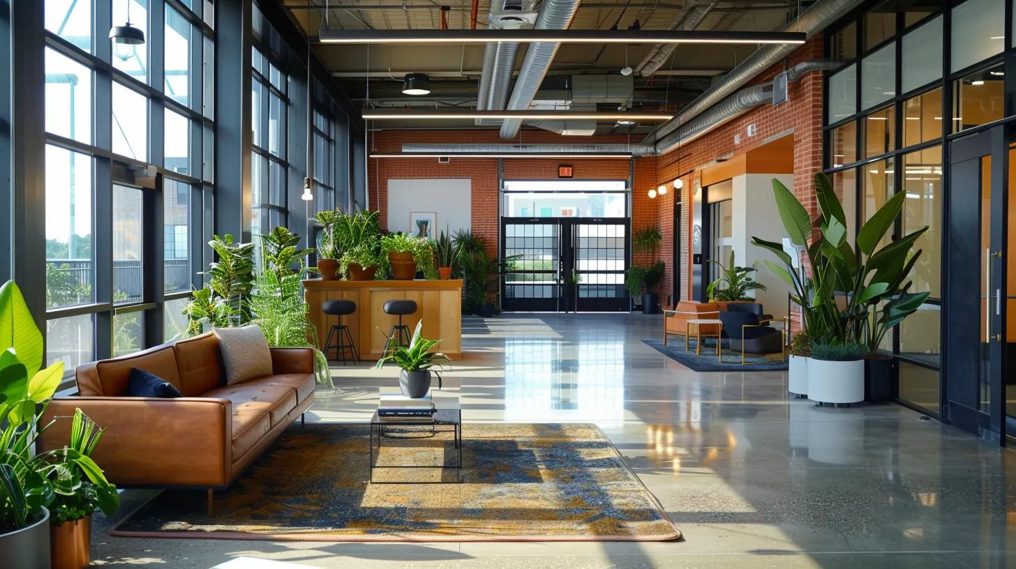 A1 Constuction and Remodeling Las Vegas | Innovative Eco-Friendly Renovation Ideas for Office Spaces a modern, eco-friendly office space featuring sustainable materials, sleek furniture, and vibrant, energy-efficient lighting, showcasing a harmonious blend of innovation and environmental consciousness.