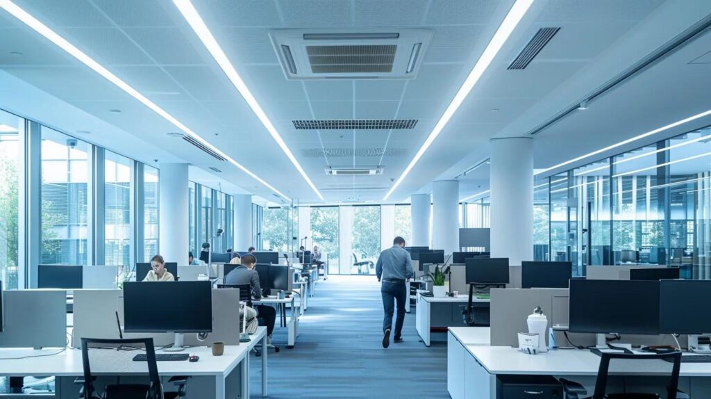 a modern office space filled with employees working intently at their desks, showcasing advanced air filtration systems visibly integrated into the ceiling, with clean lines and a bright ambiance that emphasizes productivity and well-being.