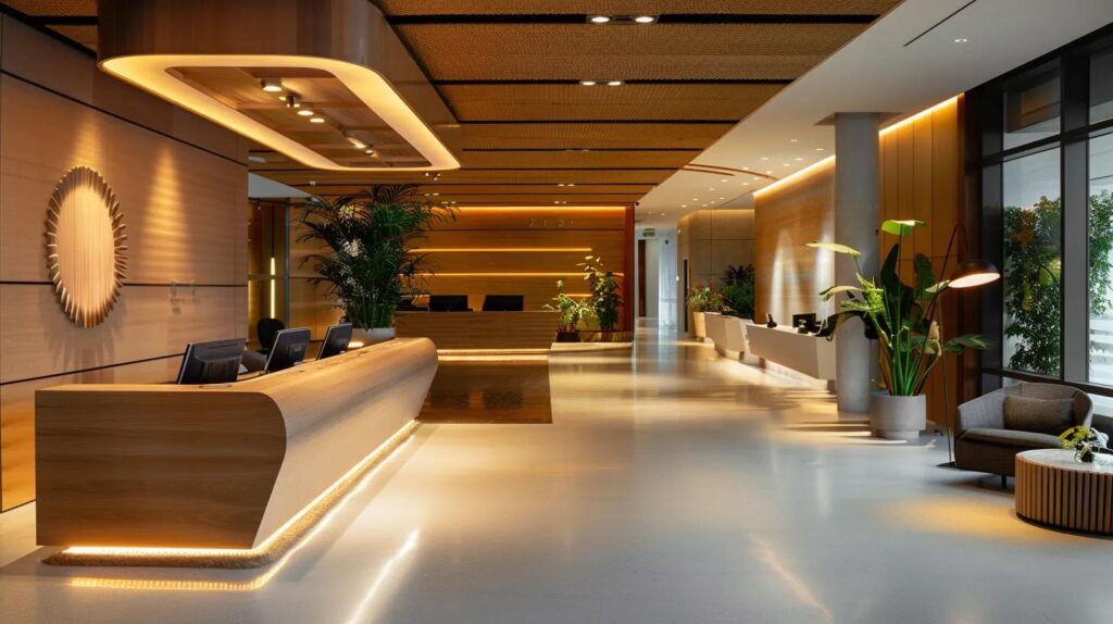 a modern, sleek office space showcases a blend of recycled materials and stylish furnishings, illuminated by soft, ambient lighting that highlights the sustainable design elements and sophisticated atmosphere.