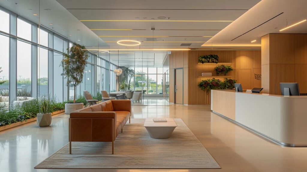 a sleek, modern office interior showcases eco-friendly renovations with energy-efficient lighting and sustainable materials, emphasizing a stylish work environment that reflects a commitment to innovation and environmental leadership.