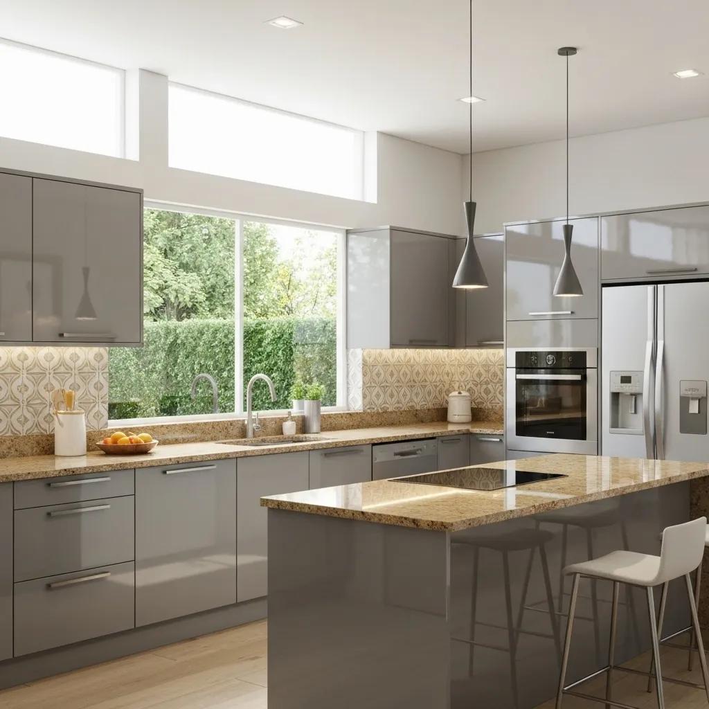 A1 Constuction and Remodeling Las Vegas | Cabinet Design Trends Transforming Modern Kitchen Remodels Modern kitchen with diverse cabinet designs and colors for 2025, highlighting earthy greens and warm neutrals
