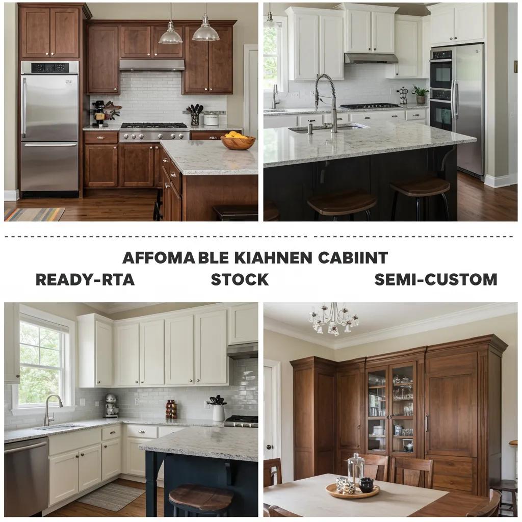 Comparison of affordable kitchen cabinet types including RTA, stock, and semi-custom options