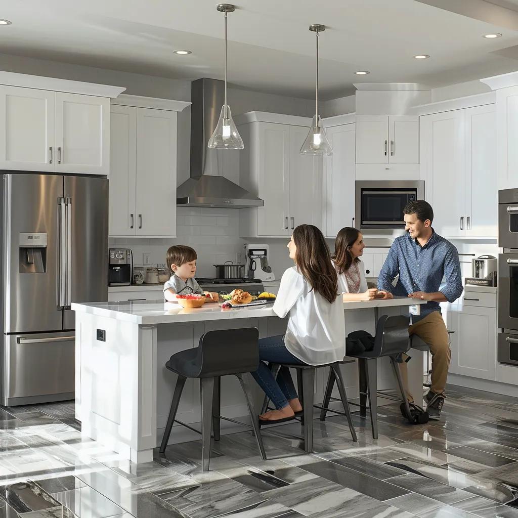 Family enjoying their newly added kitchen space with modern appliances