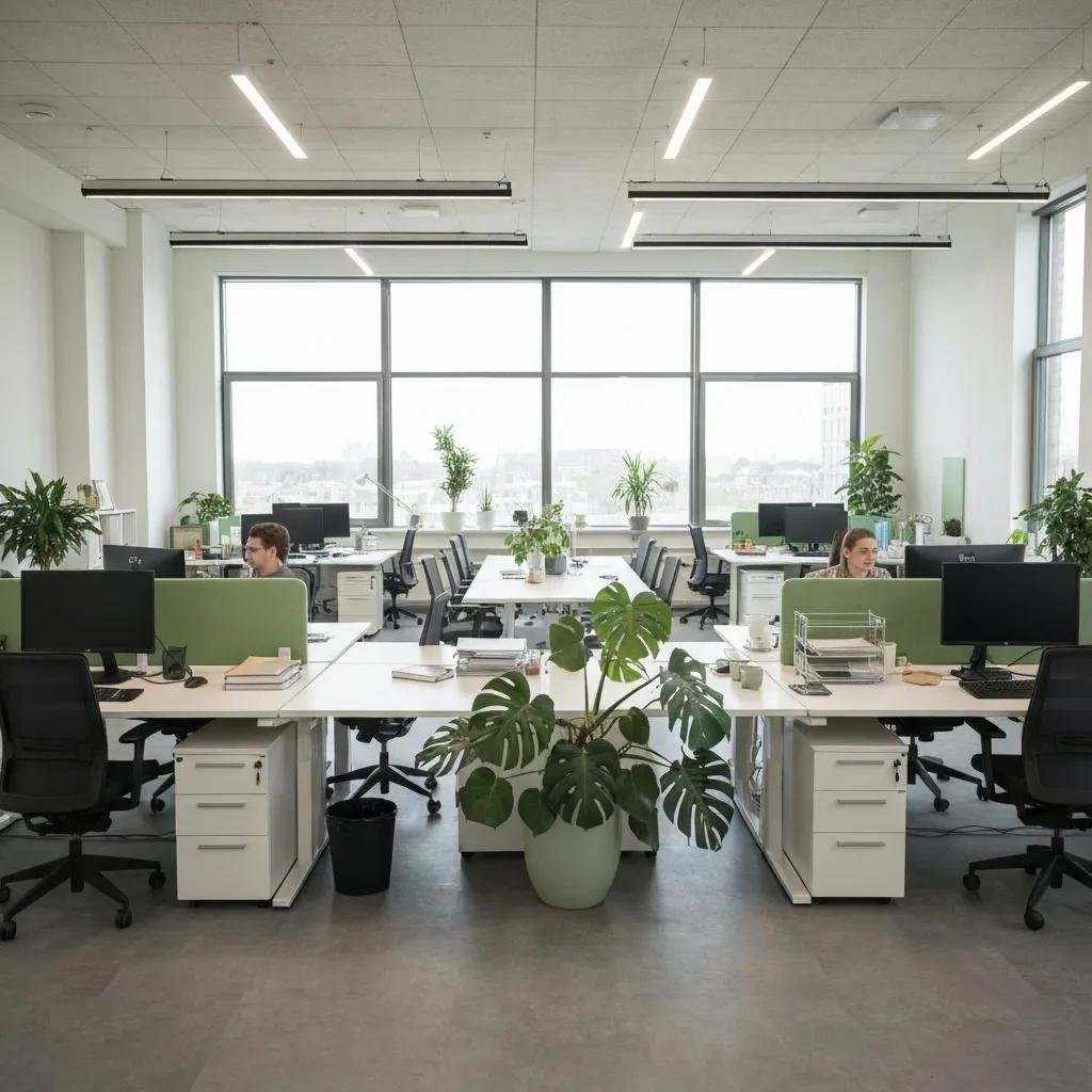 Bright office space emphasizing indoor air quality with plants and natural light for a healthy environment