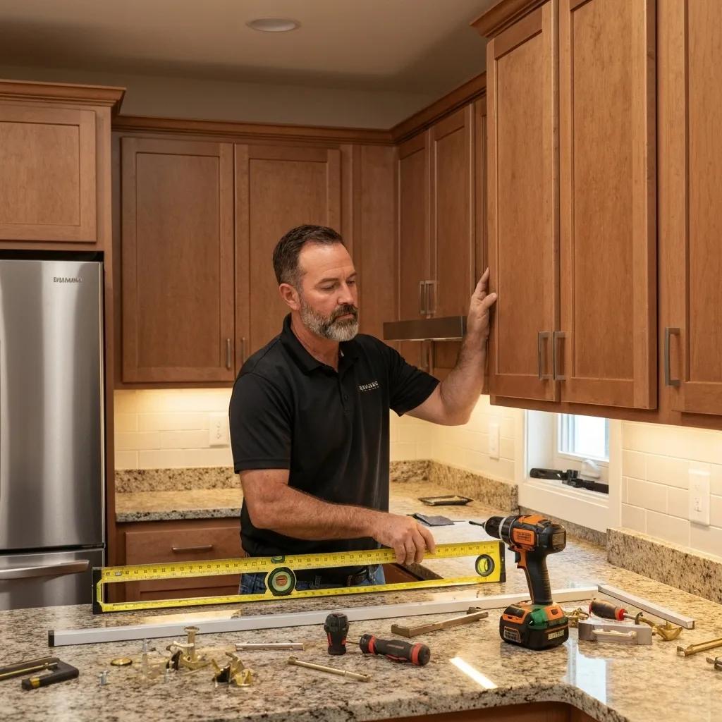 Professional installer aligning kitchen cabinets during installation, demonstrating quality craftsmanship and attention to detail