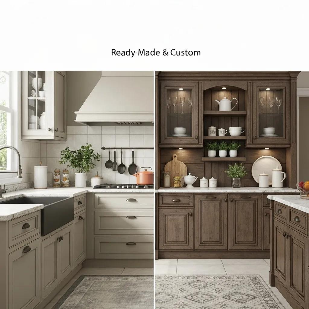 A1 Constuction and Remodeling Las Vegas | Ready-Made Cabinets vs Custom: Which Is Better? Modern kitchen featuring both ready-made and custom cabinets, showcasing design differences