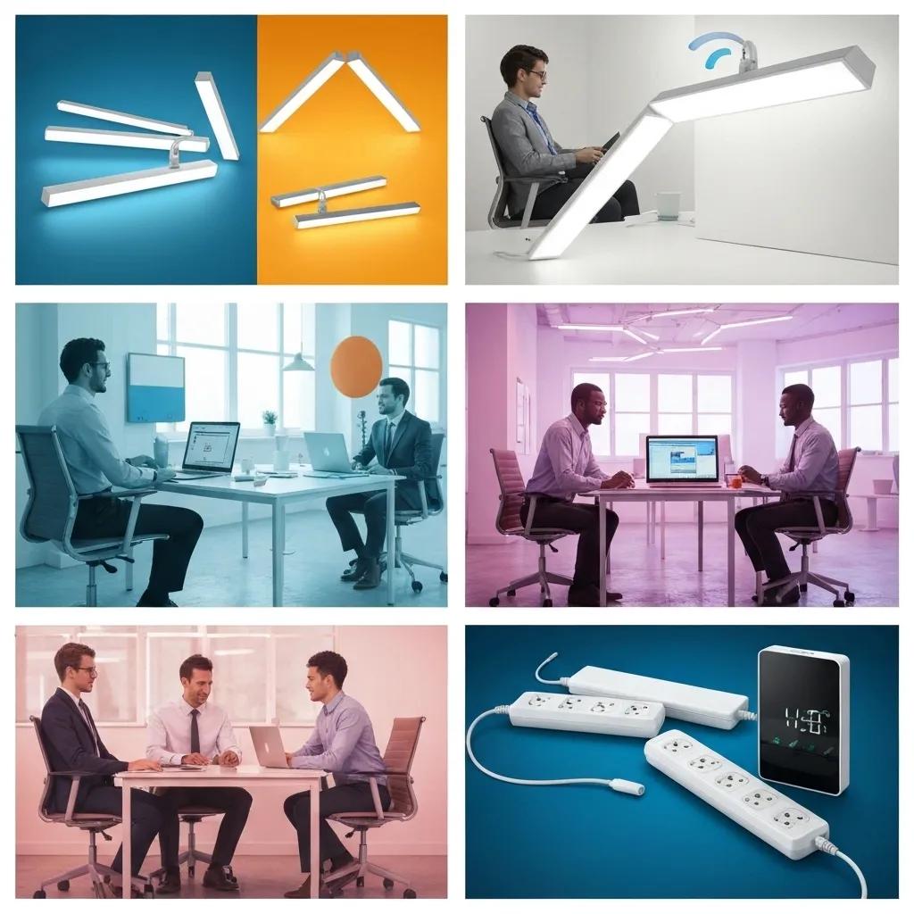 Energy-efficient technologies in a modern office, including LED lighting and smart HVAC systems