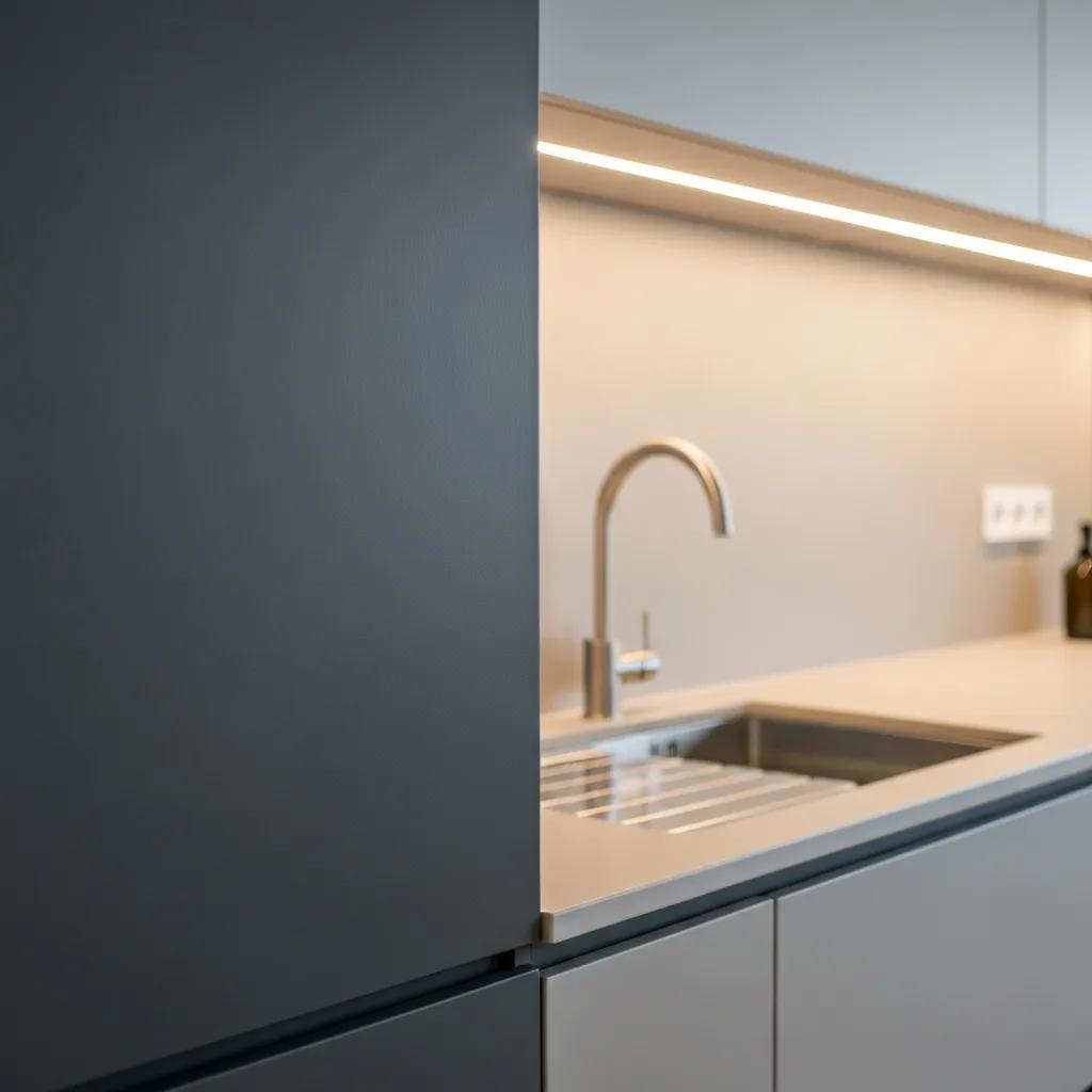 Close-up of matte lacquer kitchen cabinets in charcoal and dove gray showcasing modern design