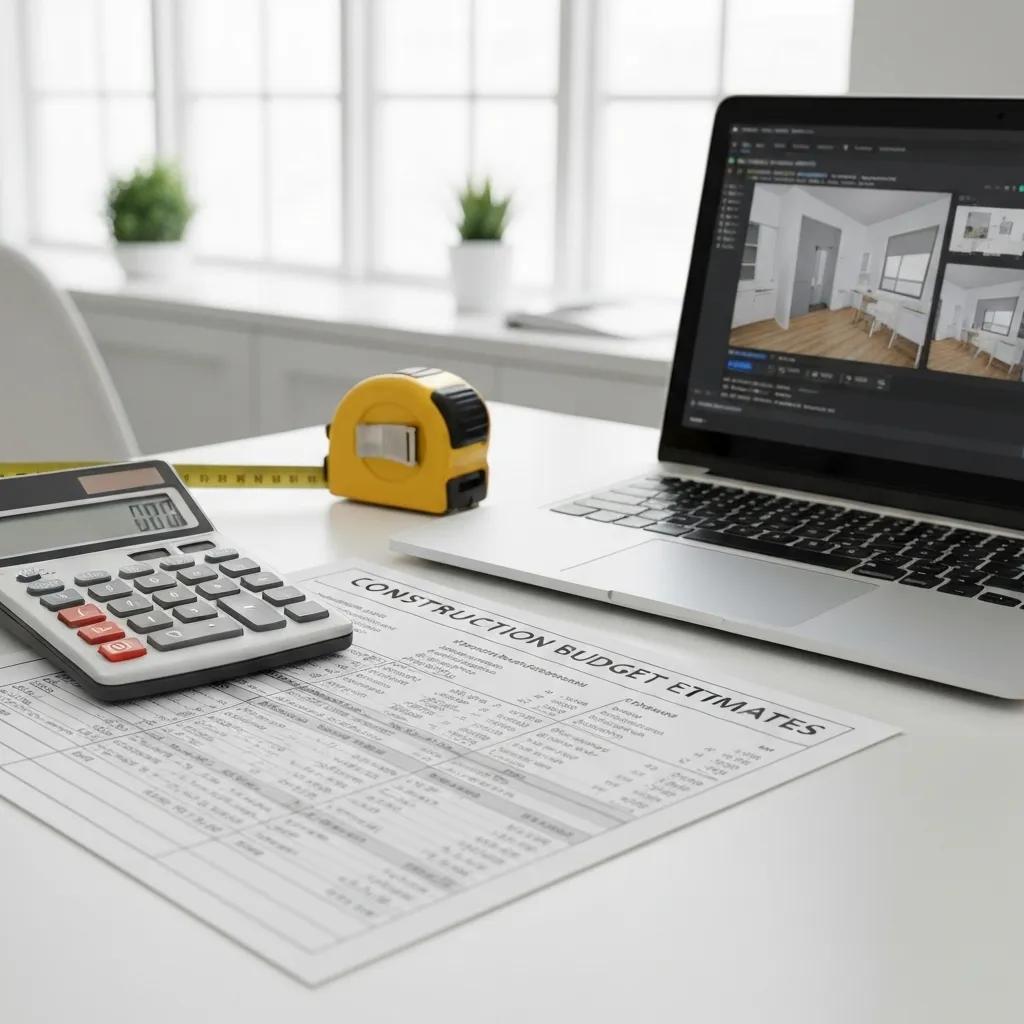Construction budget sheet with renovation cost estimates and tools in a workspace