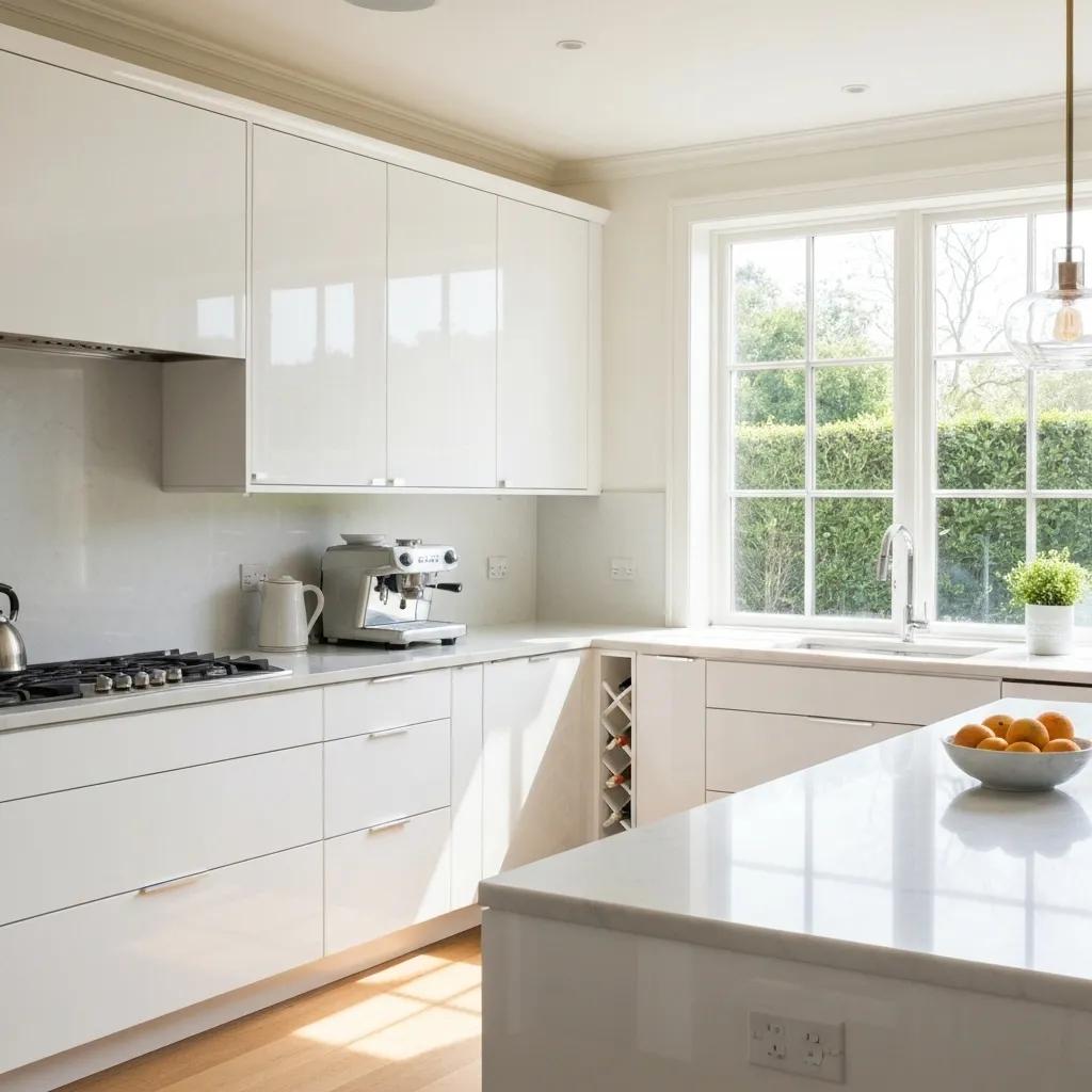 Bright kitchen with high-gloss white acrylic cabinets reflecting light and enhancing space