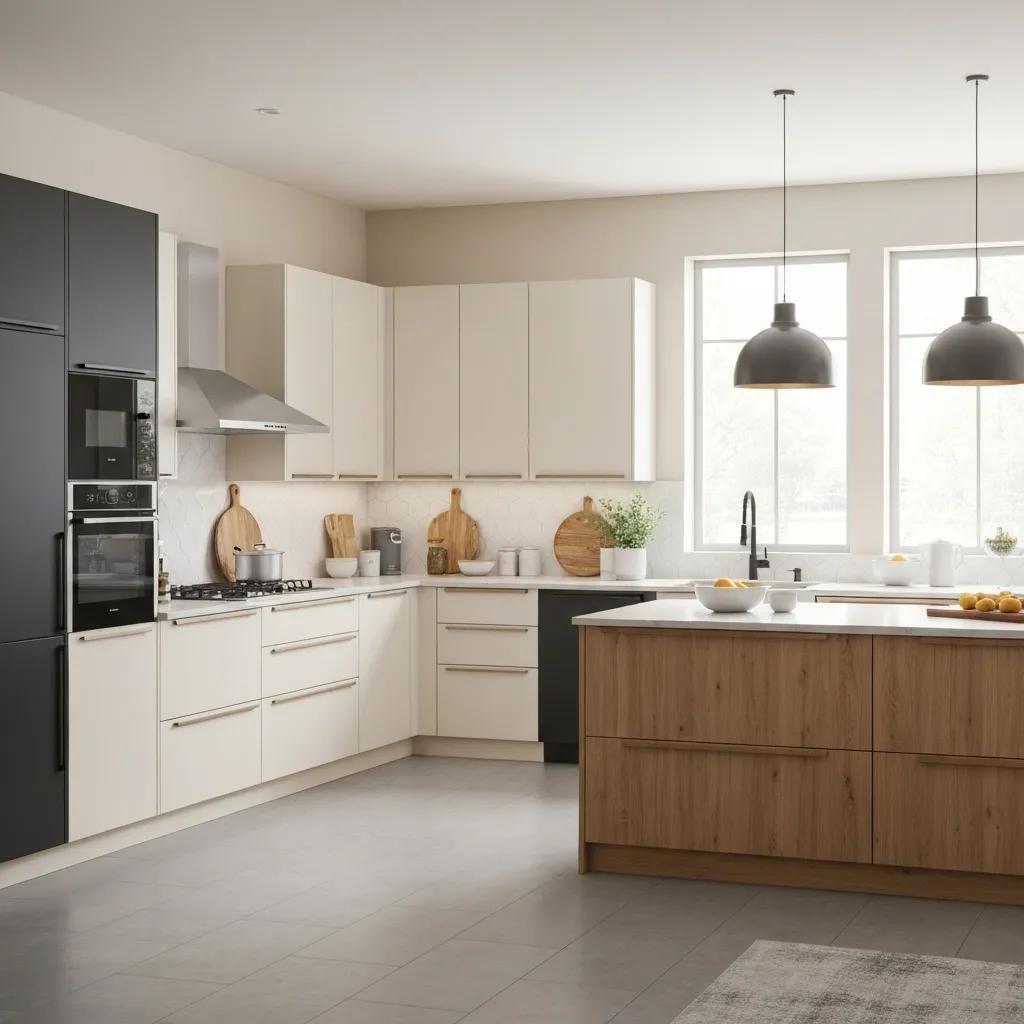 A1 Constuction and Remodeling Las Vegas | Modern Kitchen Cabinet Finishes That Transform Your Space Modern kitchen with diverse cabinet finishes highlighting matte, high-gloss, and natural wood styles