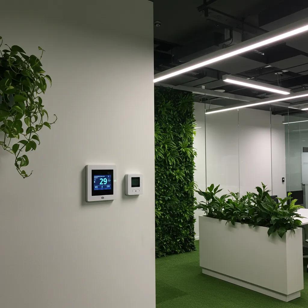 Eco-friendly office space with energy-efficient lighting and green plants