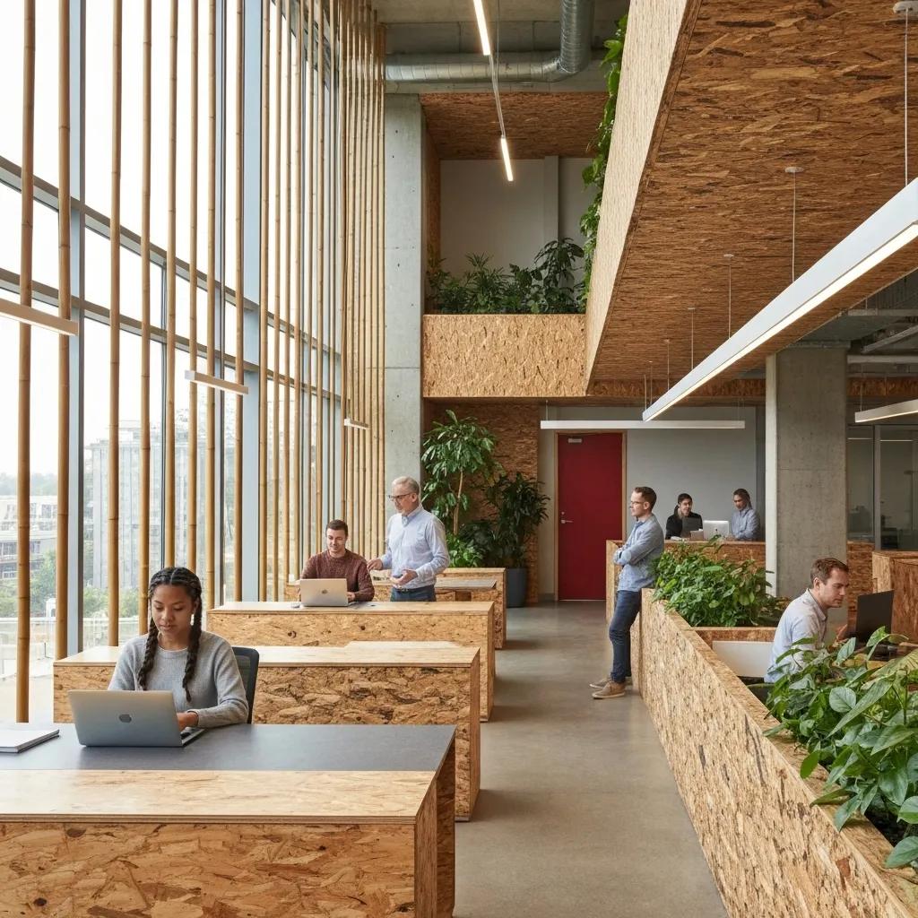 A1 Constuction and Remodeling Las Vegas | Sustainable Materials for Eco-Conscious Office Renovations Eco-friendly office space featuring sustainable materials like bamboo flooring and recycled wood furniture
