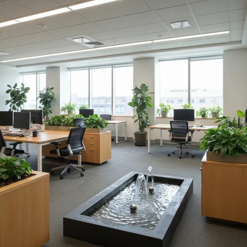 Biophilic design in an office with indoor plants and natural materials promoting employee well-being