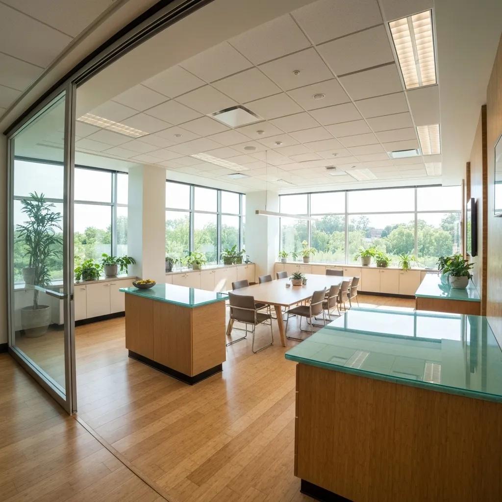 A1 Constuction and Remodeling Las Vegas | Renovate Office With Sustainable Materials for Eco-Friendly Spaces Modern office with sustainable materials like bamboo flooring and plants, emphasizing eco-friendly design