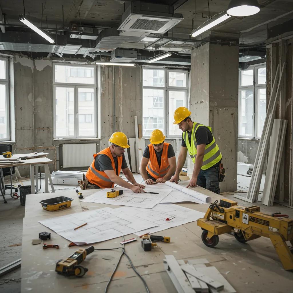 A1 Constuction and Remodeling Las Vegas | Your Guide to a Successful Renovation Project in Las Vegas Modern office renovation scene with construction workers collaborating on designs