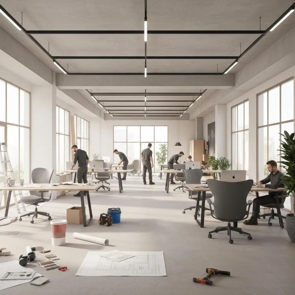 A1 Constuction and Remodeling Las Vegas | Office Renovation Services Near Me Explained Modern office renovation scene with workers collaborating on design plans and tools